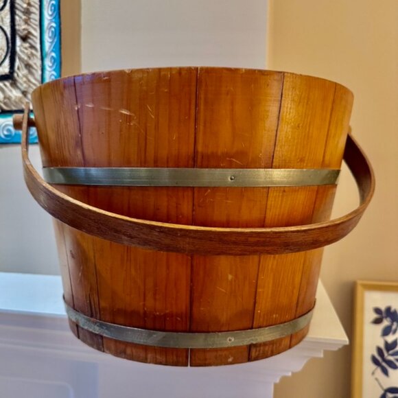 Antique Swing Handle Wood Firkin Bucket with Currier & Ives Print - Picture 5 of 11